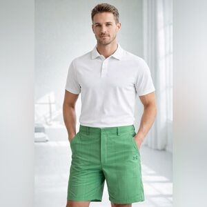 Under Armour Performance Golf Shorts Green Plaid Stretch Flat Front 32R